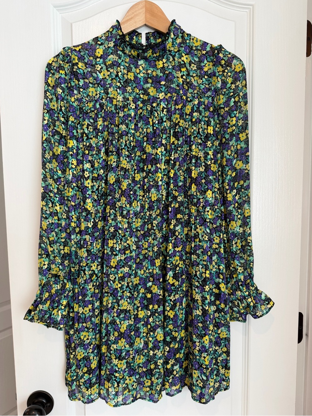 Zara Floral High-Neck Long Sleeve Mini Dress - Green/Yellow/Purple